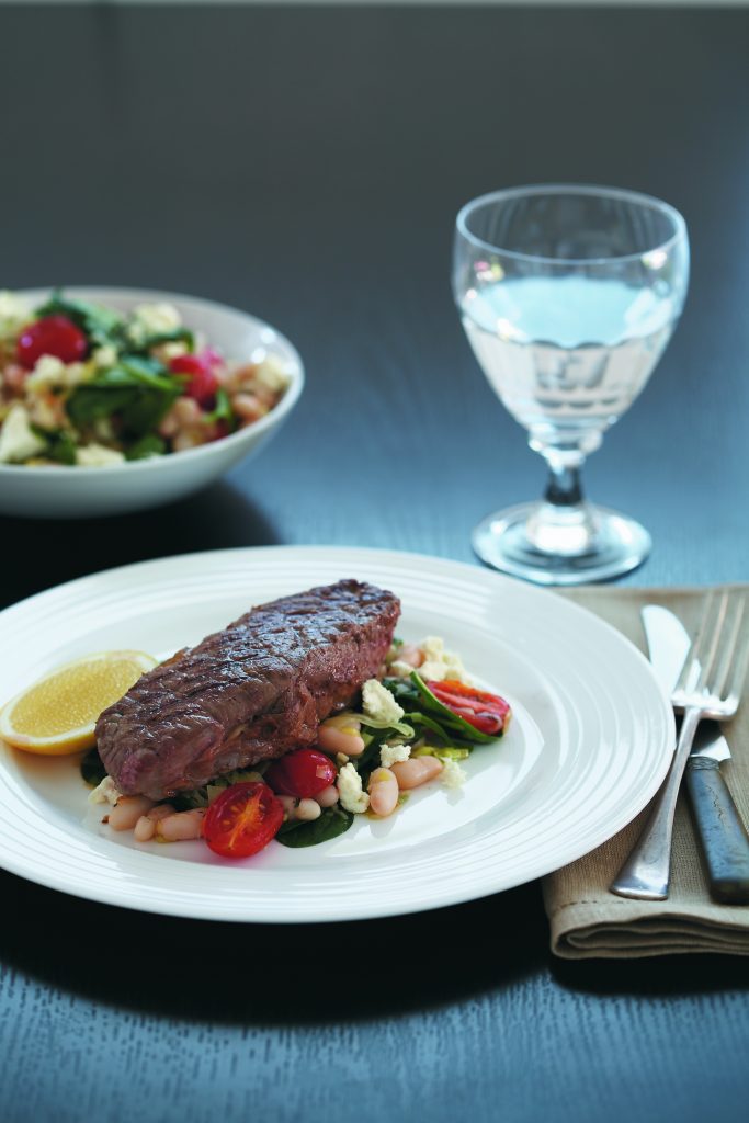 Steak with warm bean and spinach salad