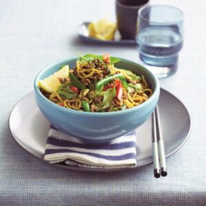 Stir-fried curried beef with noodles and basil
