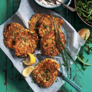 Sweetcorn, courgette and tofu fritters with chive cottage cheese