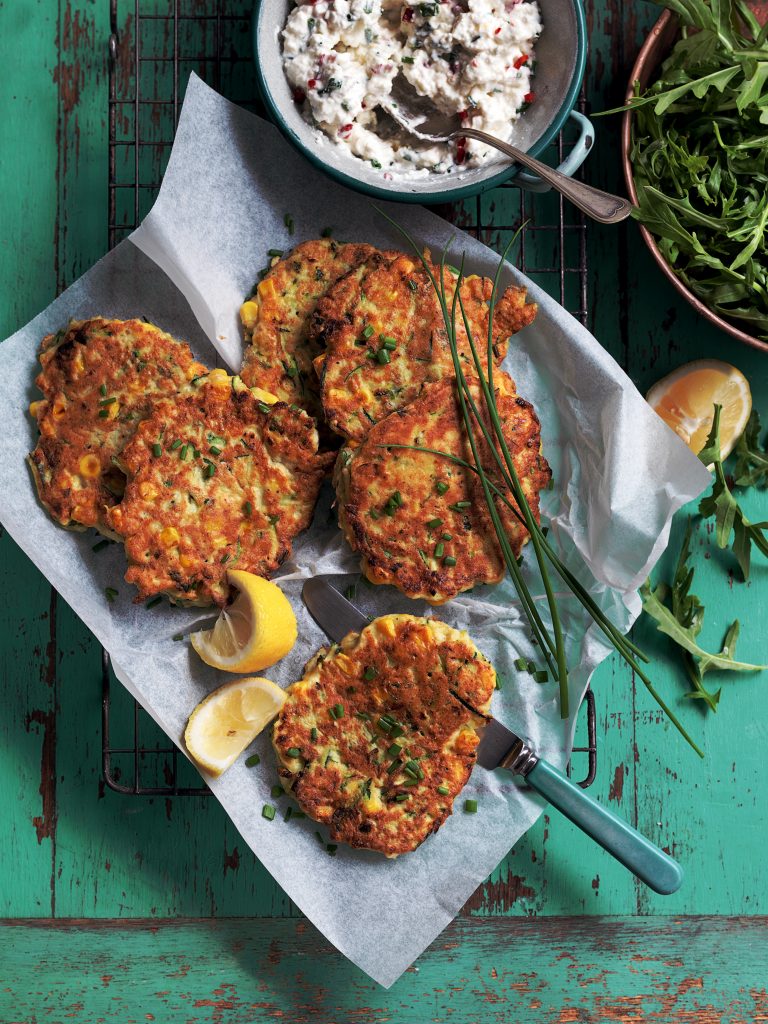 Sweetcorn, courgette and tofu fritters with chive cottage cheese