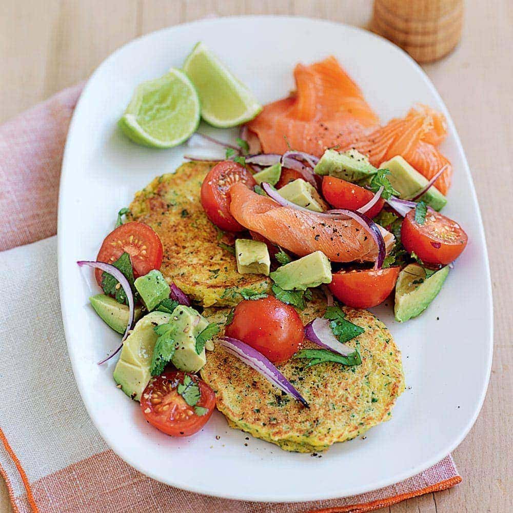 Sweet corn fritters with smoked salmon and avocado salsa