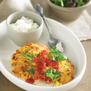 Sweet corn fritters with tomato chutney