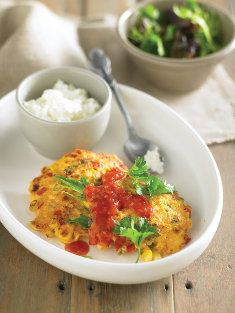 Sweet corn fritters with tomato chutney