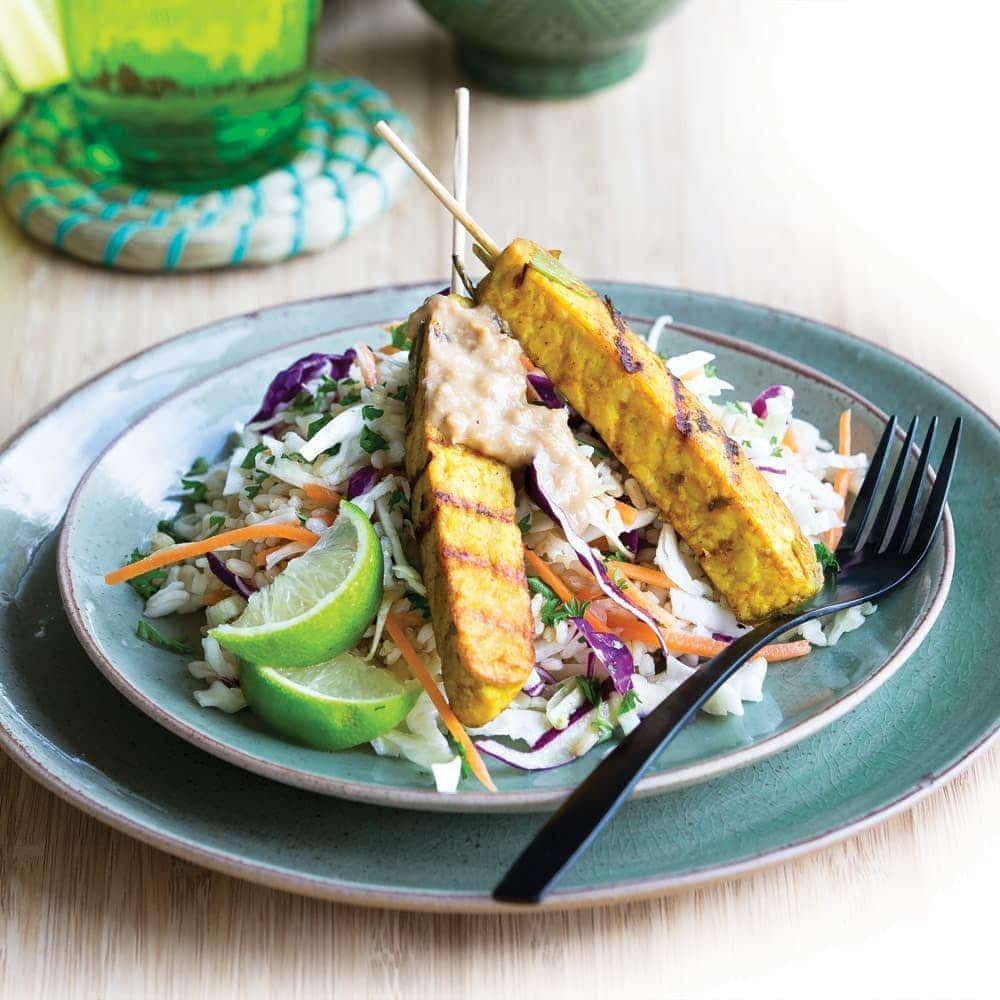 Tempeh skewers with cashew lime sauce