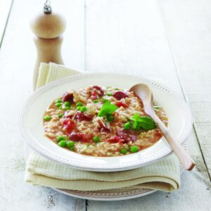 Tomato, chorizo and minted pea risotto