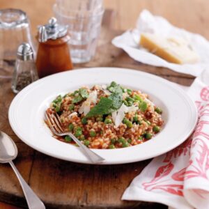 Tomato, sausage and minted pea risotto