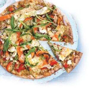 Vegetable and pesto pizza