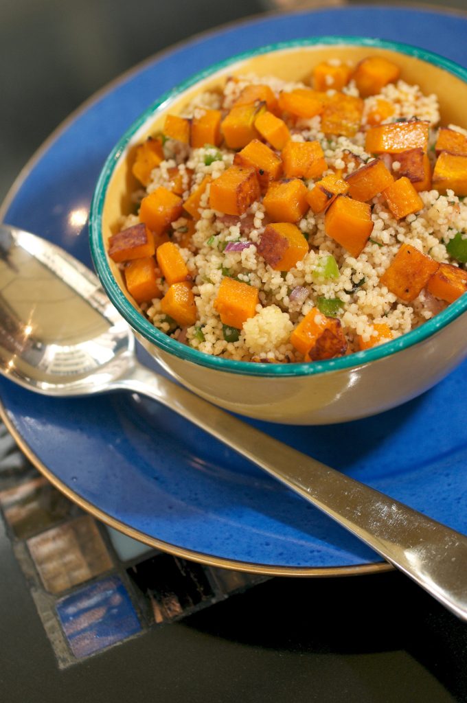 Zesty couscous or quinoa salad with roasted pumpkin and cashews