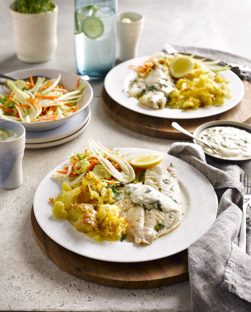 Fish with homemade tartare sauce, fennel slaw and crispy crushed potatoes
