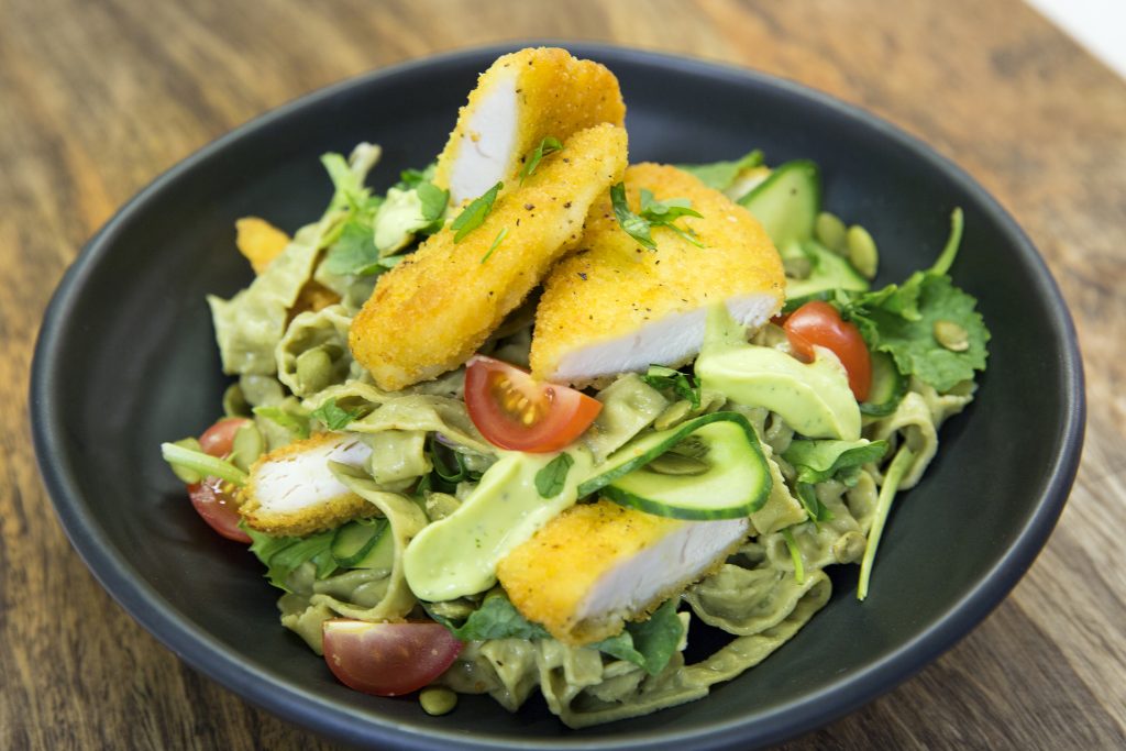 Chicken tenders, salad and edamame and mung bean fettuccine