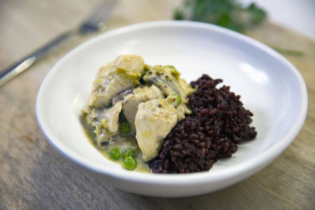 Creamy mustard and leek chicken with black rice