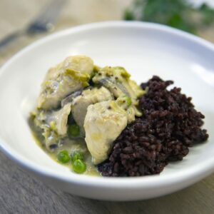 Creamy mustard and leek chicken with black rice