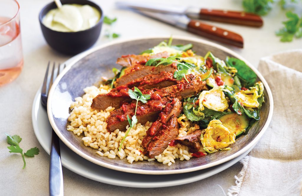 Curried veges with grilled steak and coconut rice