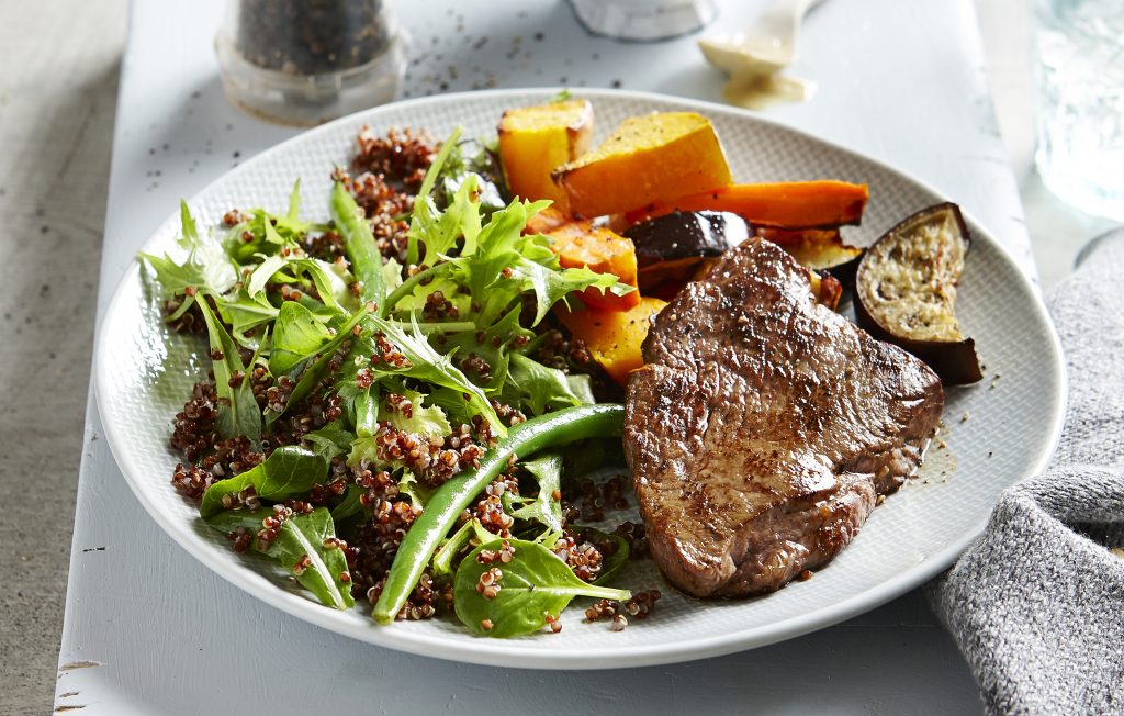 Low-FODMAP seared steak with maple mustard sauce and quinoa salad