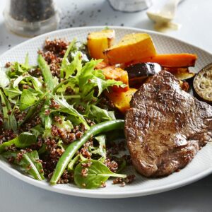 Low-FODMAP seared steak with maple mustard sauce and quinoa salad