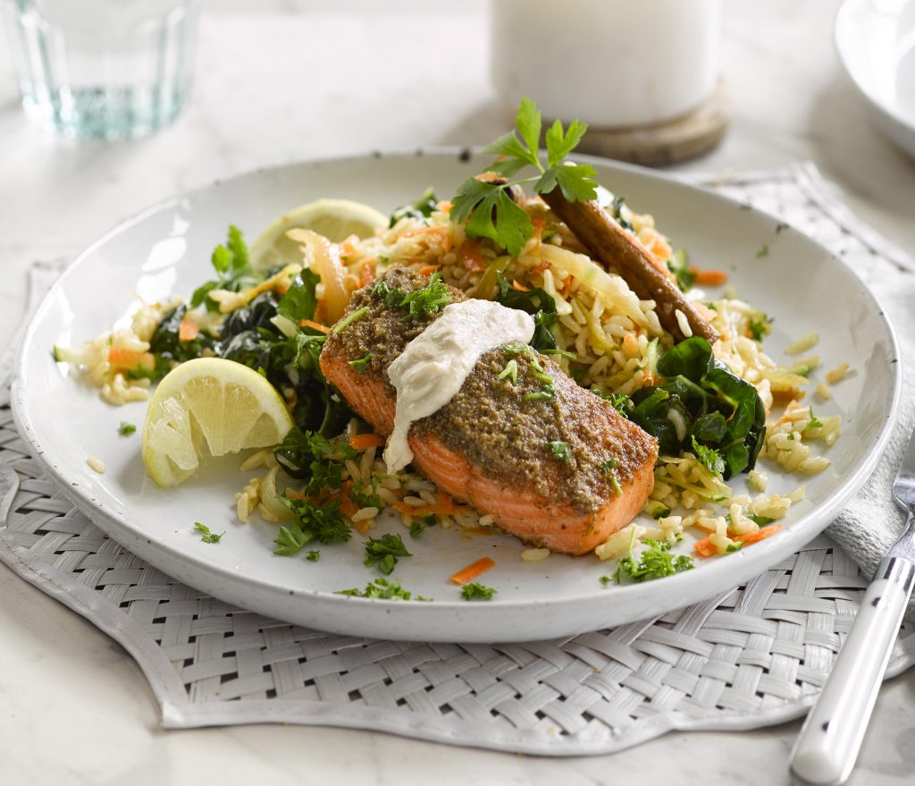 Nut and seed-crusted salmon with brown rice pilaf