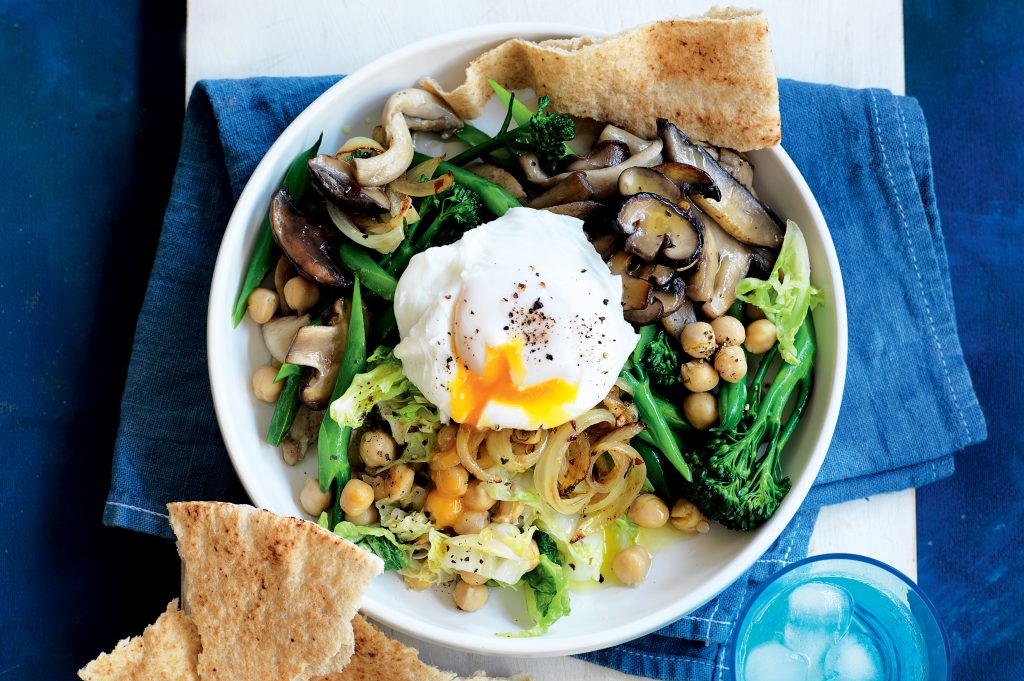 Braised greens with chickpeas and eggs