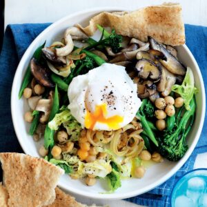 Braised greens with chickpeas and eggs