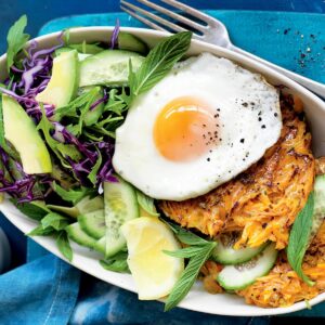 Rosemary and fennel pumpkin rosti with fried eggs