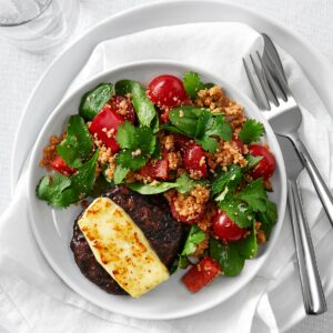 Beetroot burger melts with harissa couscous
