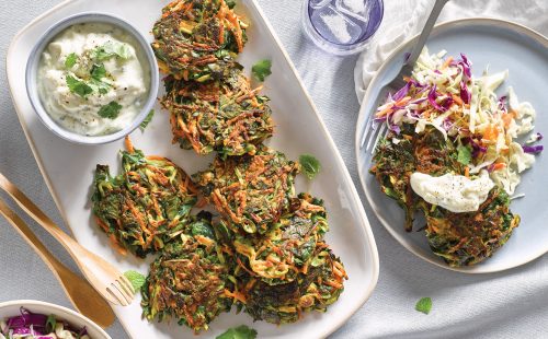 Carrot, spinach and courgette fritters with creamy feta dip