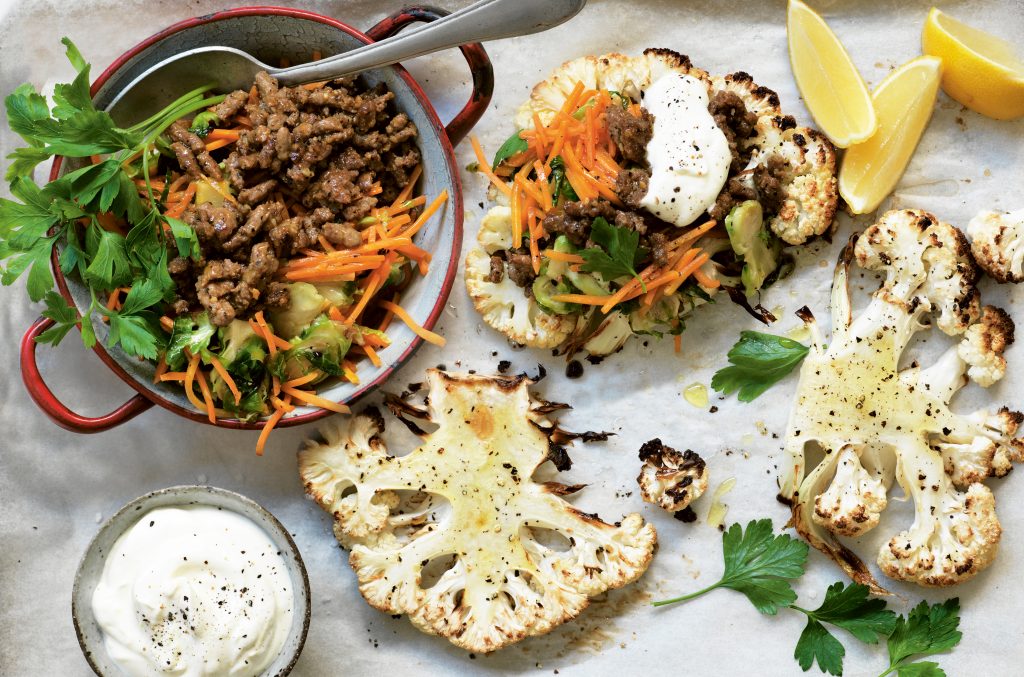 Cauliflower ‘steaks’ with Moroccan-spiced lamb
