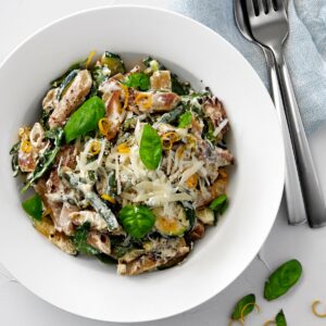 Creamy lemon and vege pasta with Chicken Free Strips