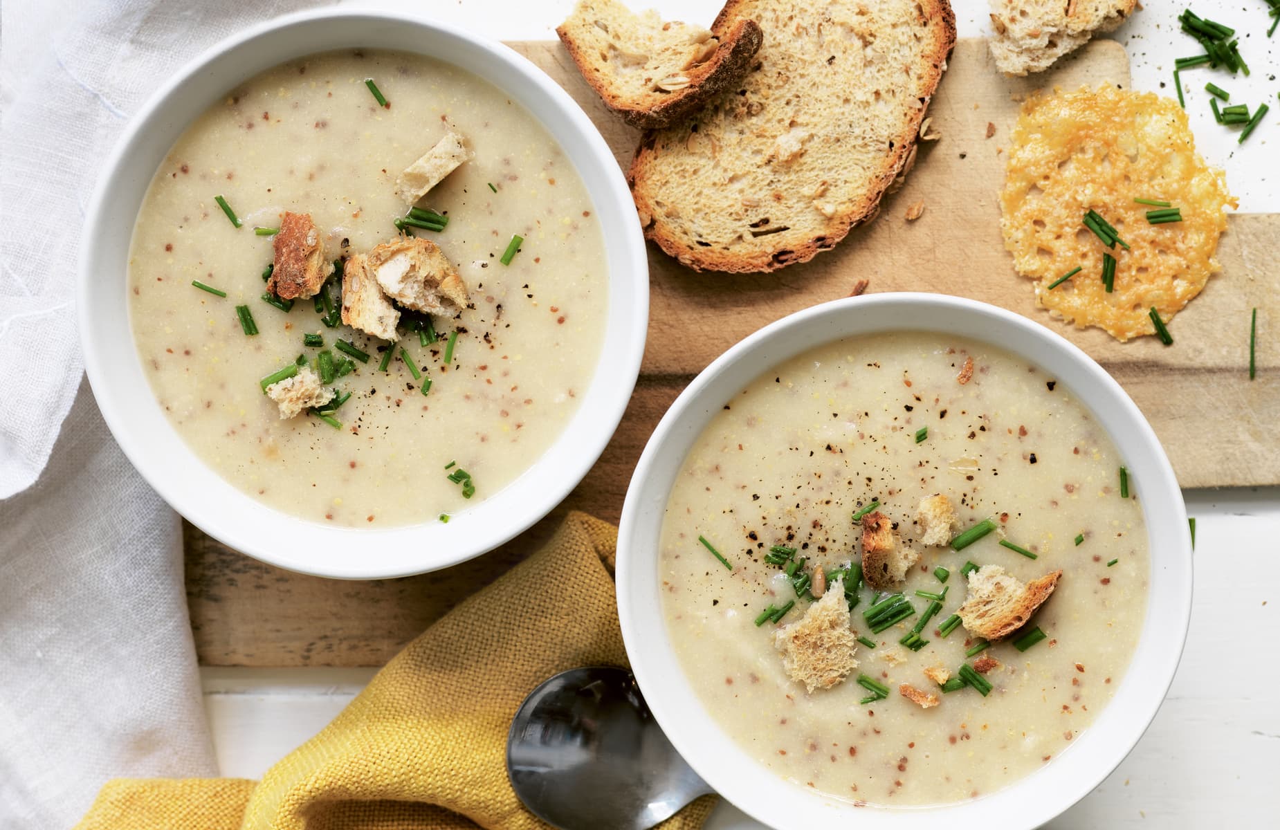 Parsnip and mustard soup with parmesan crisps - Healthy Food Guide