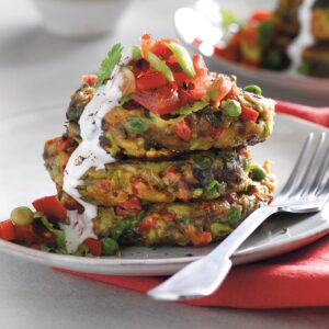 Spring vege and potato fritters with fresh tomato salsa