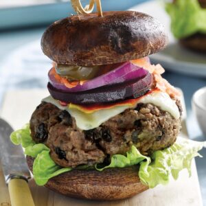 Beef and bean burgers with mushroom buns