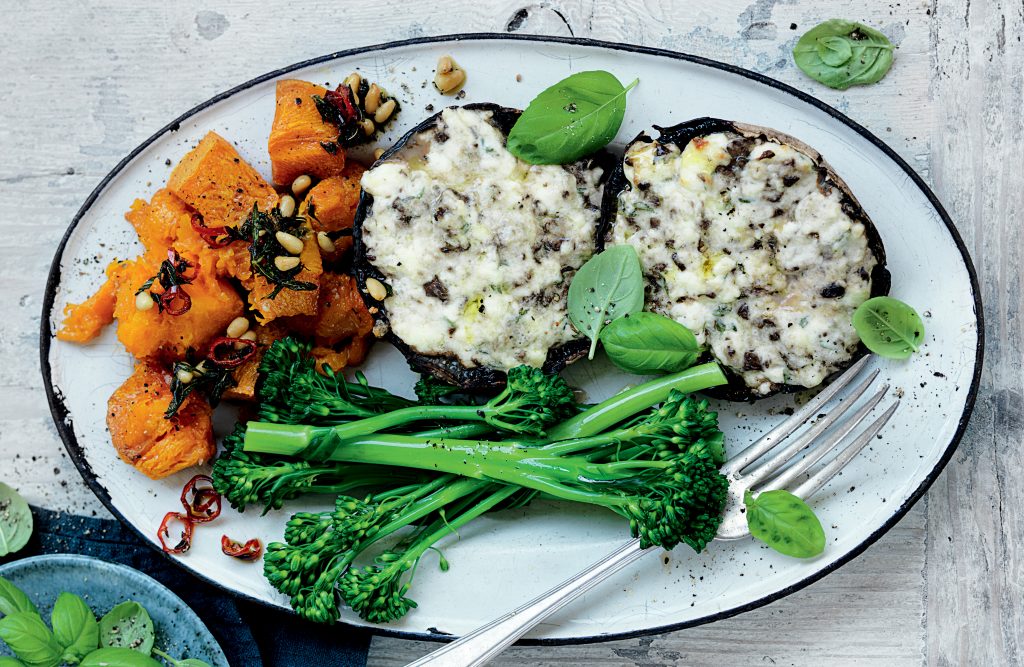 Cheese-topped mushrooms with smashed pumpkin