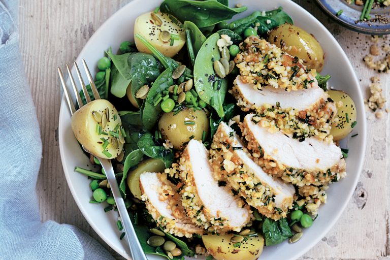 Macadamia-crusted chicken with potato salad - Healthy Food Guide