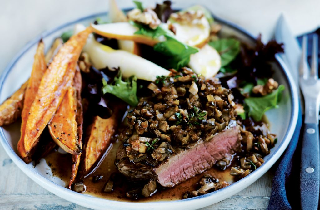 Mushroom and thyme-crusted beef with pear salad