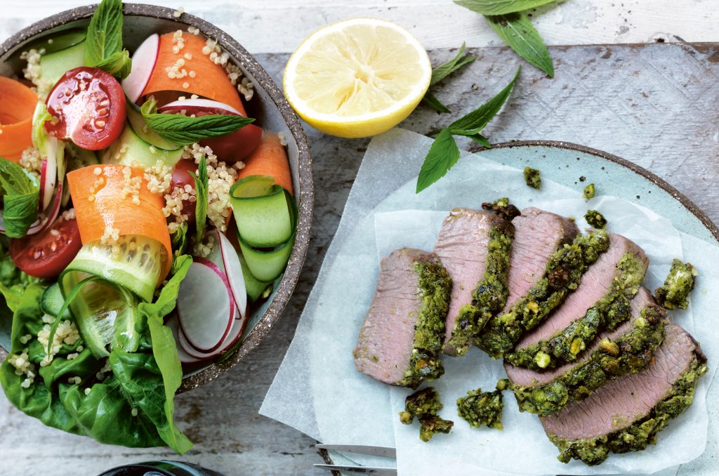 Pistachio and parsley-crusted lamb with quinoa salad