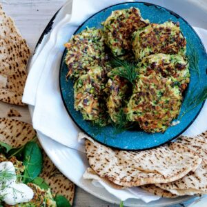 Quinoa and courgette fritters with dill tzatziki