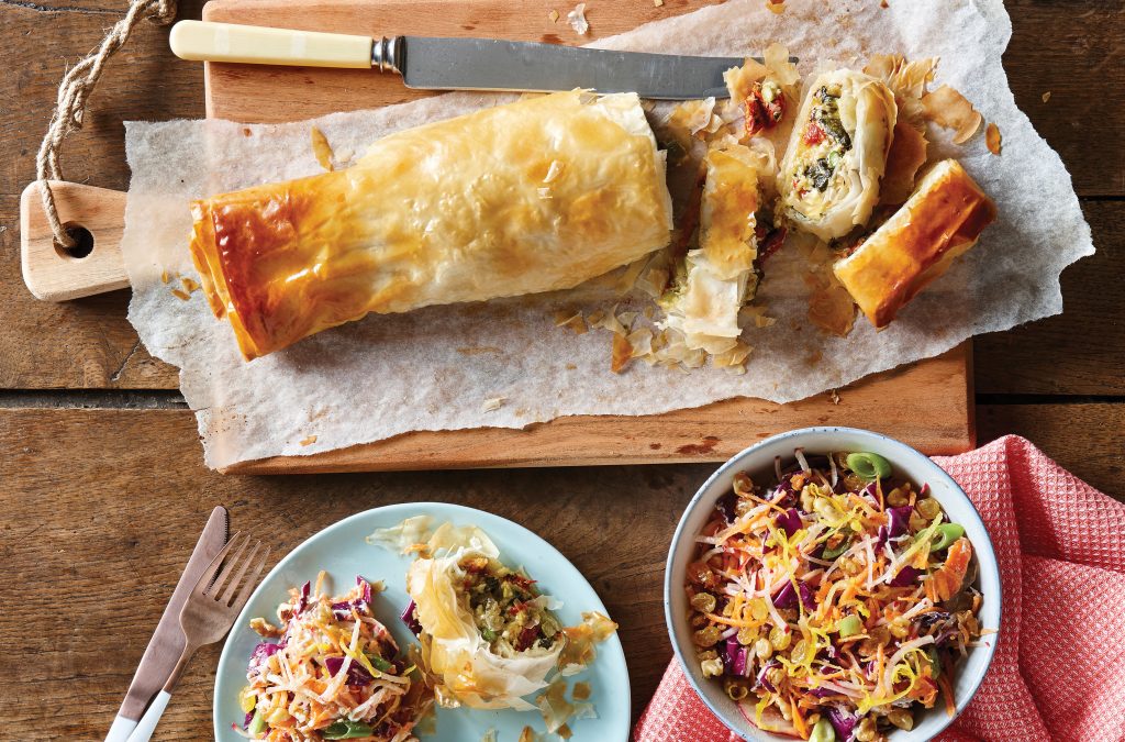 Summer vegetable strudel with nutty rainbow slaw