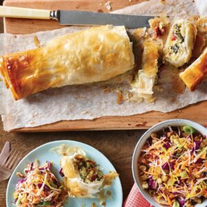 Summer vegetable strudel with nutty rainbow slaw