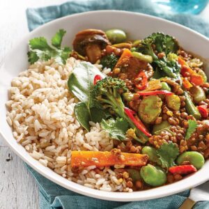 Vege and lentil curry with coconut rice