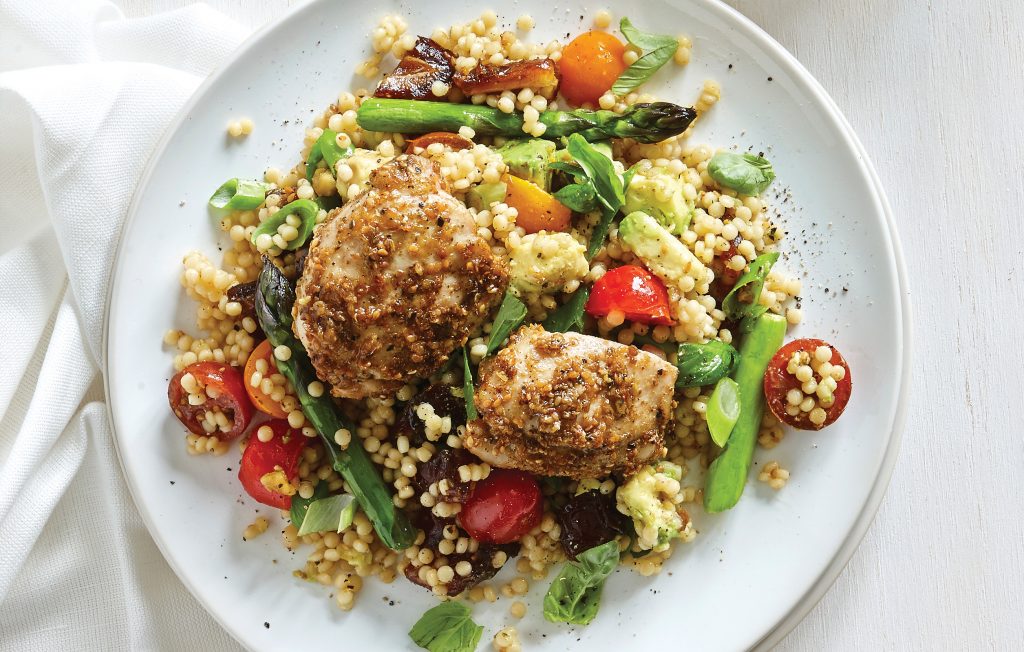 Chicken thighs with dukkah couscous salad