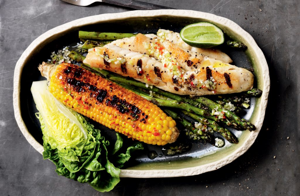 Grilled fish with chilli-lime corn and asparagus