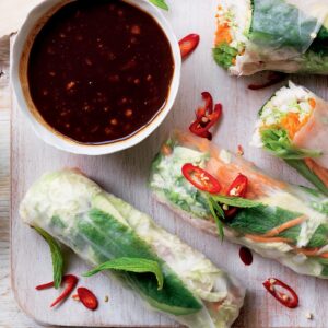 Turkey and vege rice paper rolls with peanut dipping sauce