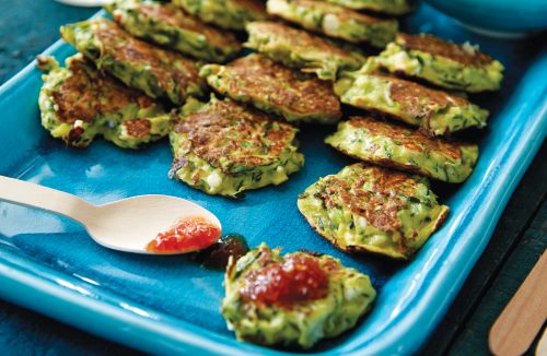 Courgette, feta and mint fritters with chilli jam