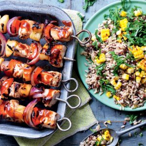 Sweet ‘n’ spicy chicken and vege skewers with rice