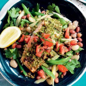 Almond-crusted salmon with bean salad and salsa