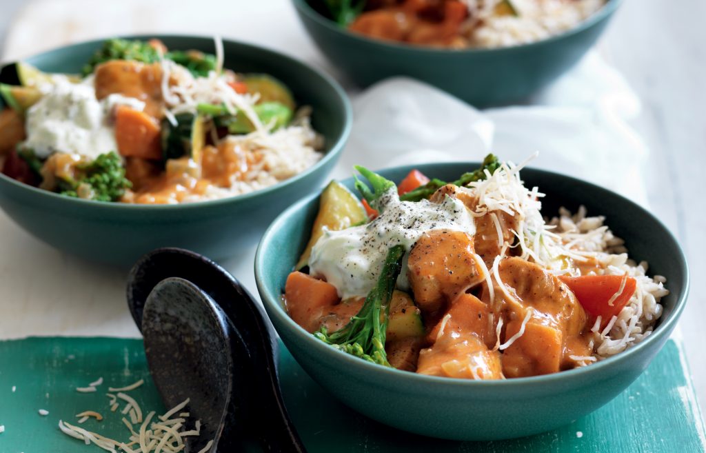Chicken and vegetable red curry with cucumber and coconut sambal