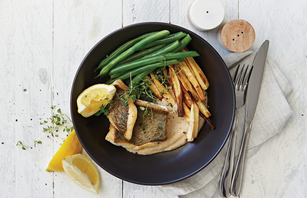 Lemon fish with butter bean mash and parsnip fries