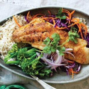 Spiced fish with slaw and coconut rice