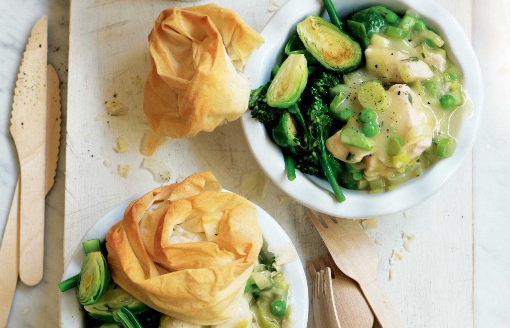 individual pies with chicken, leek, filo, broccoli and Brussels sprouts