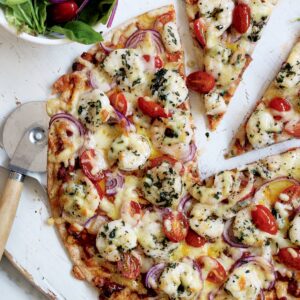 Prawn, tomato and basil pizza