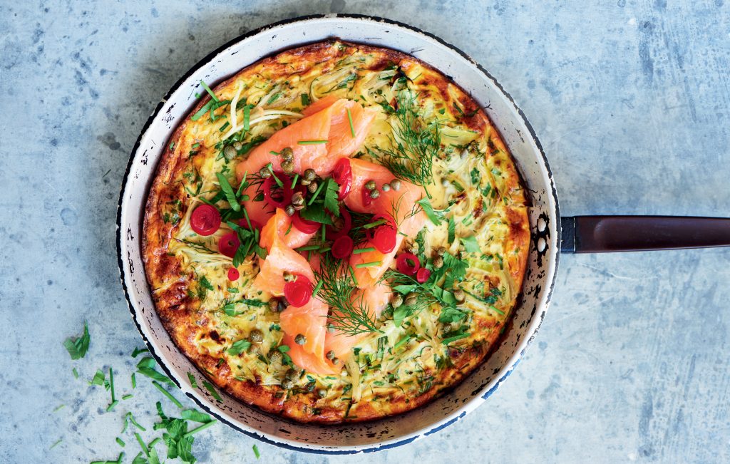 Herby fennel, leek and smoked salmon frittata